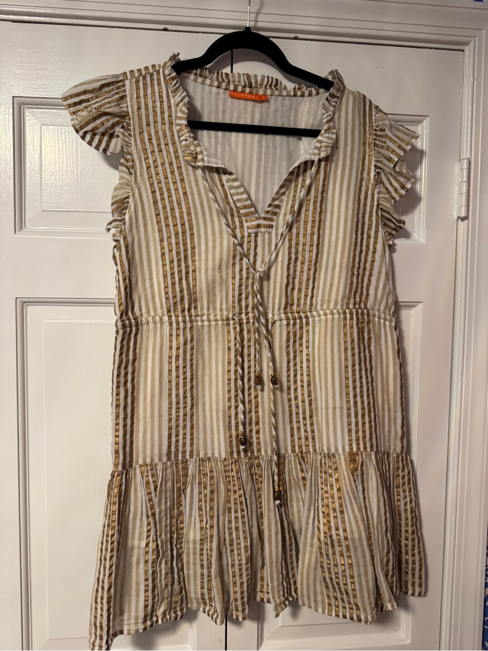 Oliphant Cream and Gold Striped Ruffle Mini Dress size L